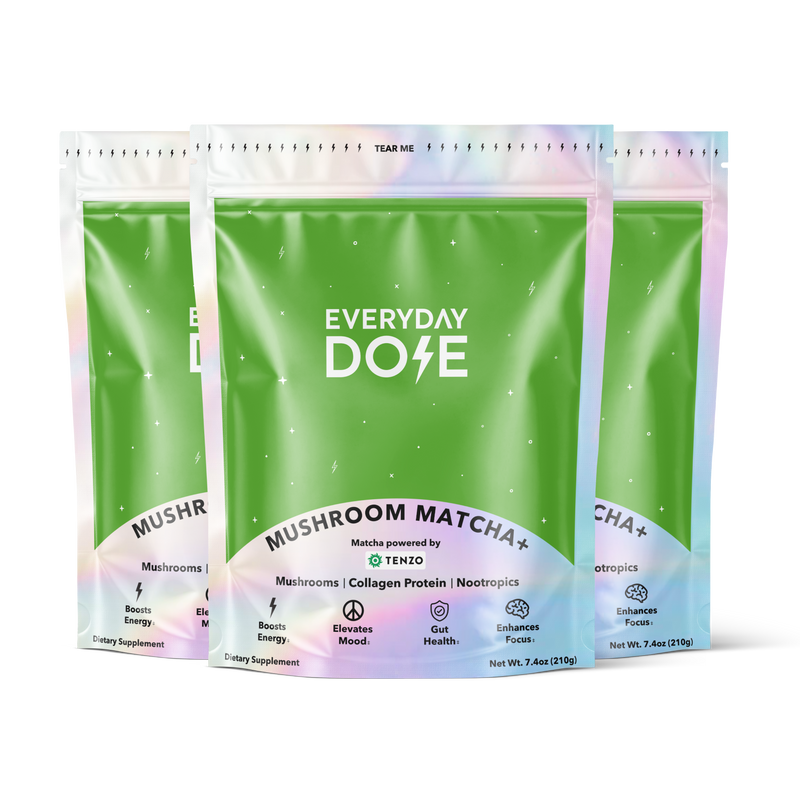 Green and white resealable pouches of mushroom matcha dietary supplement with mood, energy, and focus benefits displayed