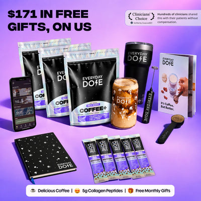 Promotional display featuring coffee packets a tumbler glass jar phone notebook and gift offer text