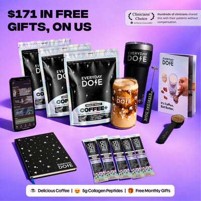 Everyday Dose coffee products with pouches tumbler mug phone booklet and sample packets displayed on a purple promotional background