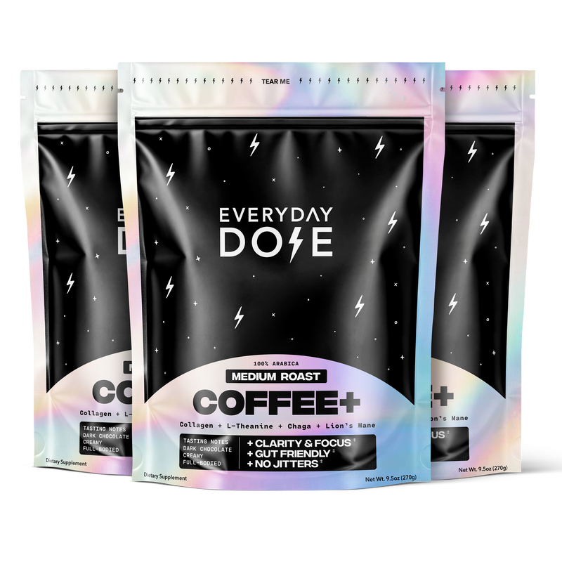 Black and iridescent coffee bags labeled medium roast coffee plus with lightning bolt design and key benefits listed below