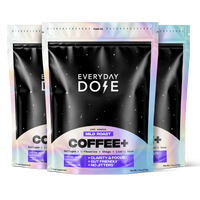 Three holographic coffee supplement packages with black labels and purple accents for mild roast blend