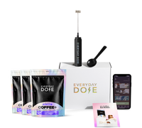 Daily coffee kit with four mild roast coffee bags, frother, scoop, box, brochure, and smartphone showing app.