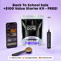 Everyday Dose Coffee pouch (mild roast) with scoop on purple background; banner reads Back to School 100 dollar kit FREE
