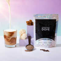30 Serving of Mushroom Coffee + FREE Starter Kit + Mystery Gift (Mental Health Special) with milk pour and coffee powder display