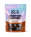 Colorful packet of caramel-flavored protein coffee mix with nutritional info and tasting notes on front