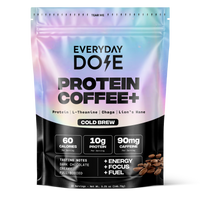 Colorful package of protein coffee cold brew with nutrition facts and coffee beans on a black background