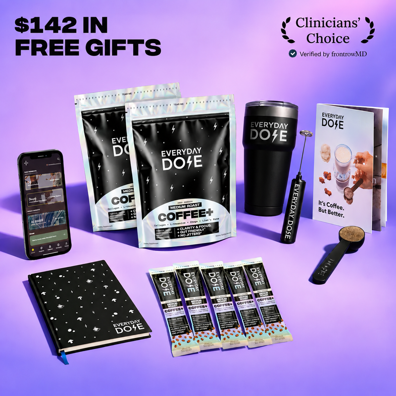 Everyday Dose coffee products and accessories arranged on a purple background with free gifts promotional text