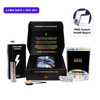 Mushroom Coffee starter kit with free health report, black box packaging, spoon and coffee container displayed
