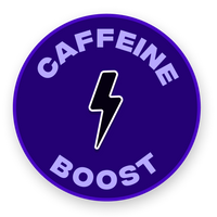 Purple circular badge with Caffeine Boost text and a central lightning bolt symbol