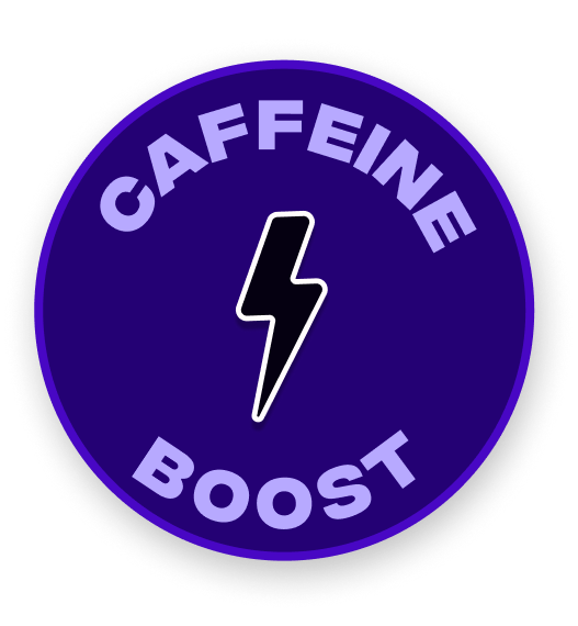 Purple circular badge with Caffeine Boost text and a central lightning bolt symbol