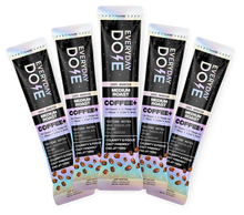 Five Everyday Dose medium roast coffee plus collagen and adaptogen sticks with tasting notes and benefits on gradient background