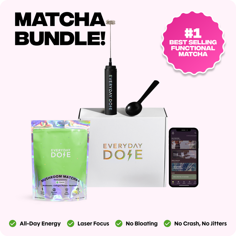 Everyday Dose matcha bundle with frother, scoop, package, box, smartphone, and badge on pale pink background