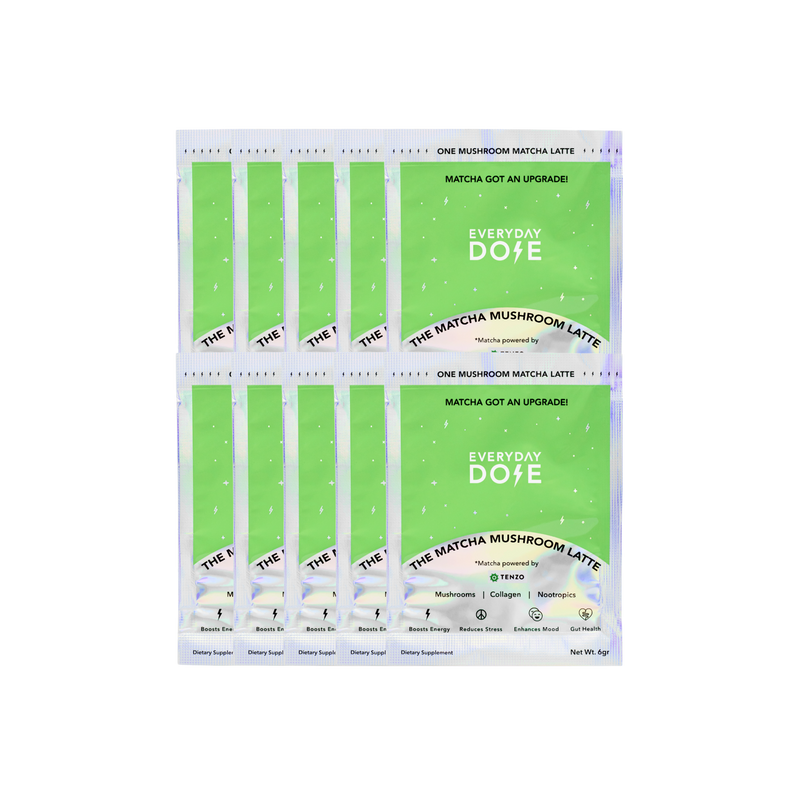 10-Pack of Mushroom Matcha+ sachets with green and white packaging for functional mushroom matcha latte.