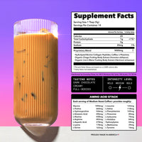 Glass of iced creamy coffee with nutrition facts and amino acid stack information on a purple background