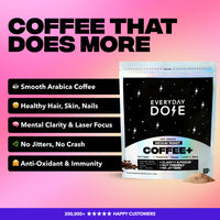 Everyday Dose coffee bag beside coffee powder with benefits listed on pink gradient background