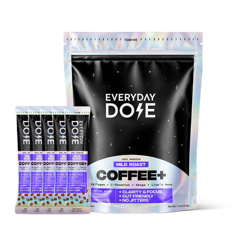 Everyday Dose coffee pouch with five individual sachets labeled mild roast, shown on a black background