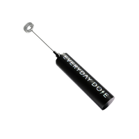 Black handheld whisk with a metal coil tip and white lettering on the cylindrical handle