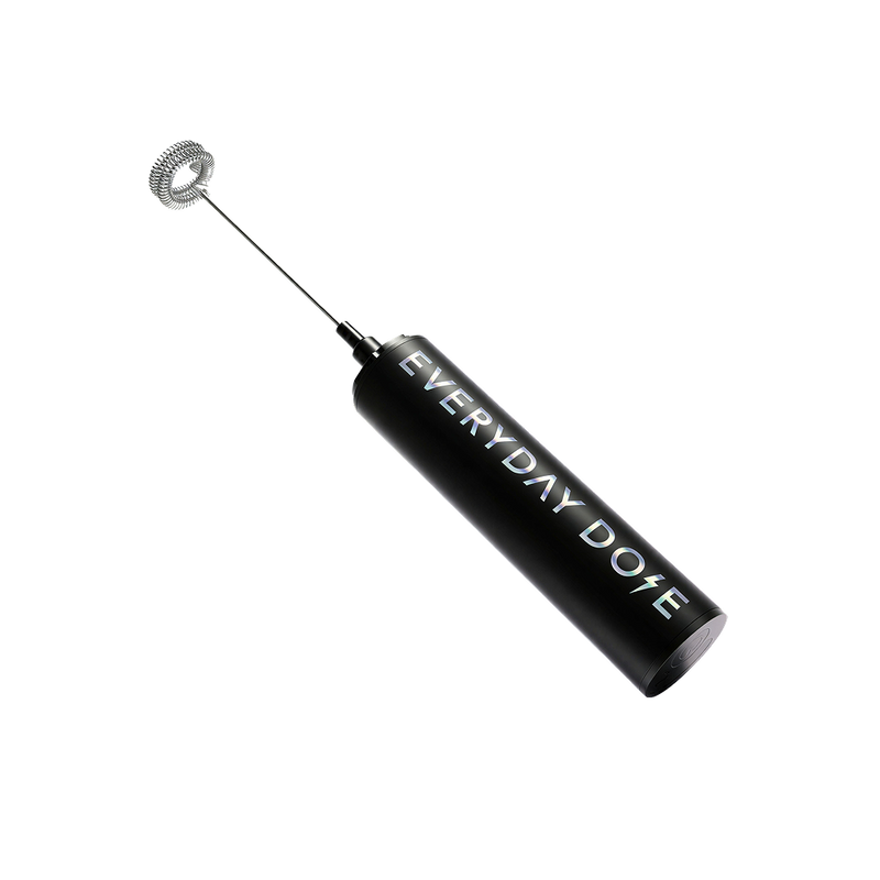 Black handheld whisk with a metal coil tip and white lettering on the cylindrical handle