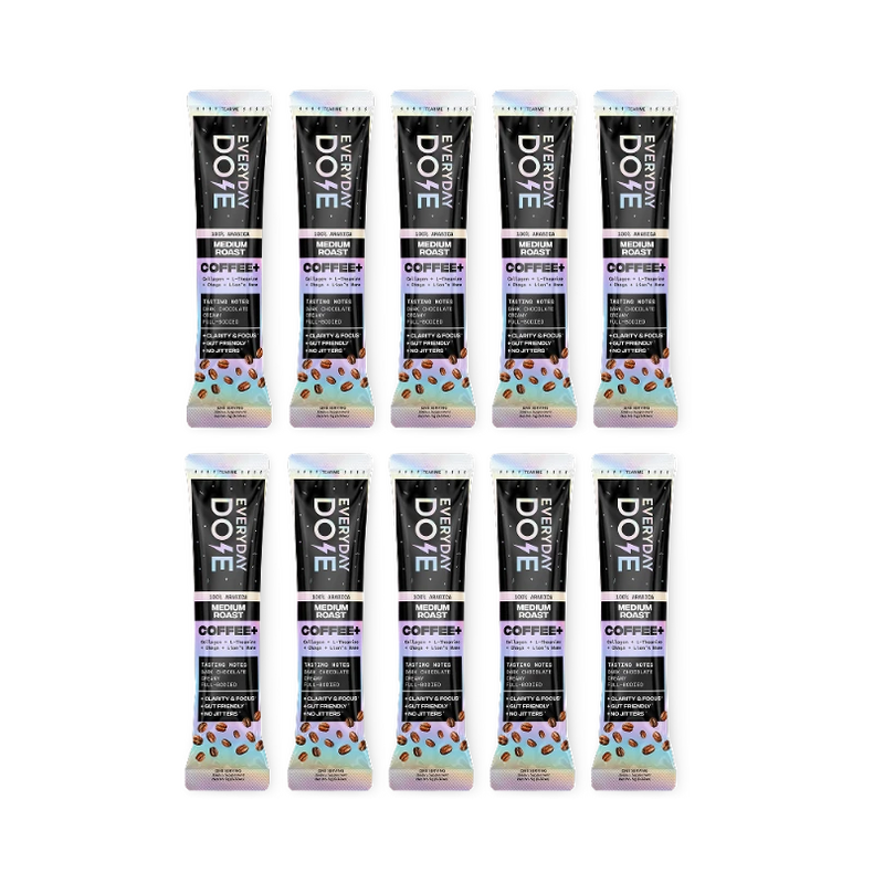 Front view of Medium Coffee Plus To-Go Sticks pack of 10 showing individual medium roast stick packets with black, white and light blue packaging on black background