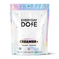 Resealable pouch with a pastel iridescent border, labeled Everyday Dose Creamer+ for collagen, probiotics, and wellness benefits