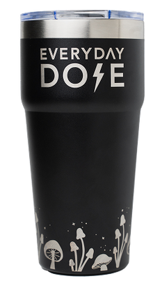 gallery position 1 showing a black tumbler with silver lid and white mushroom illustrations around its base with Everyday Dose logo