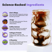 90 Serving Jumbo Bag with science-backed ingredients like Lions Mane, Chaga, Coffee Extract, Collagen and L-Theanine in iced drink