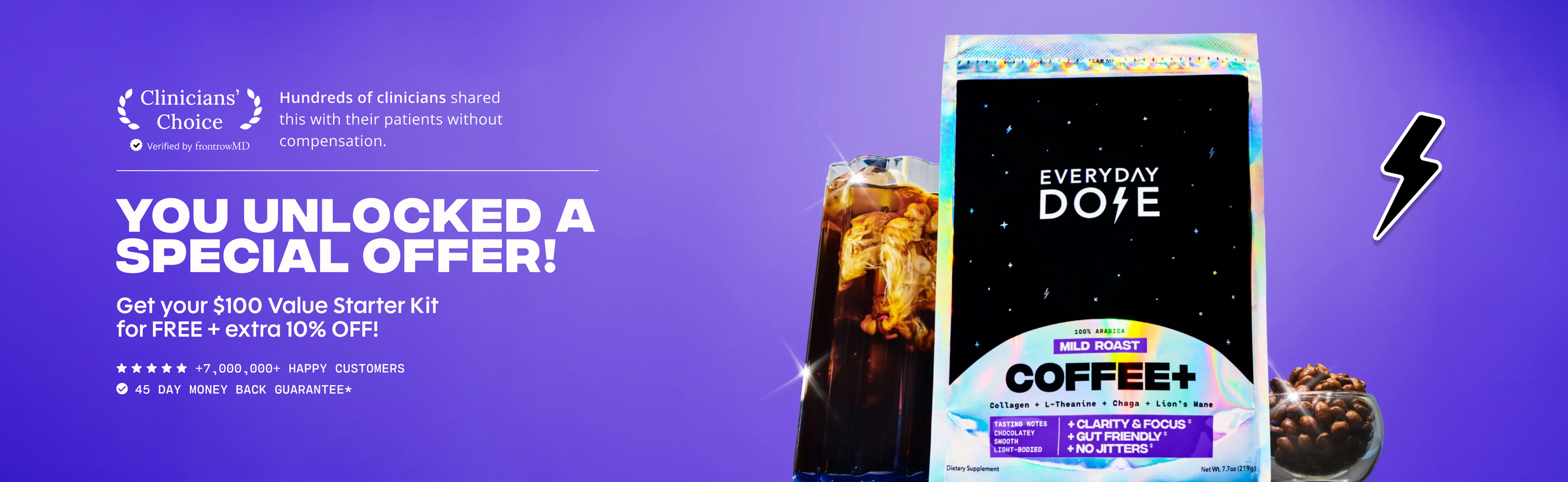 Banner with Everyday Dose Coffee+ pack, iced coffee glass, coffee beans, Clinicians’ Choice logo, and special offer text on vibrant purple background
