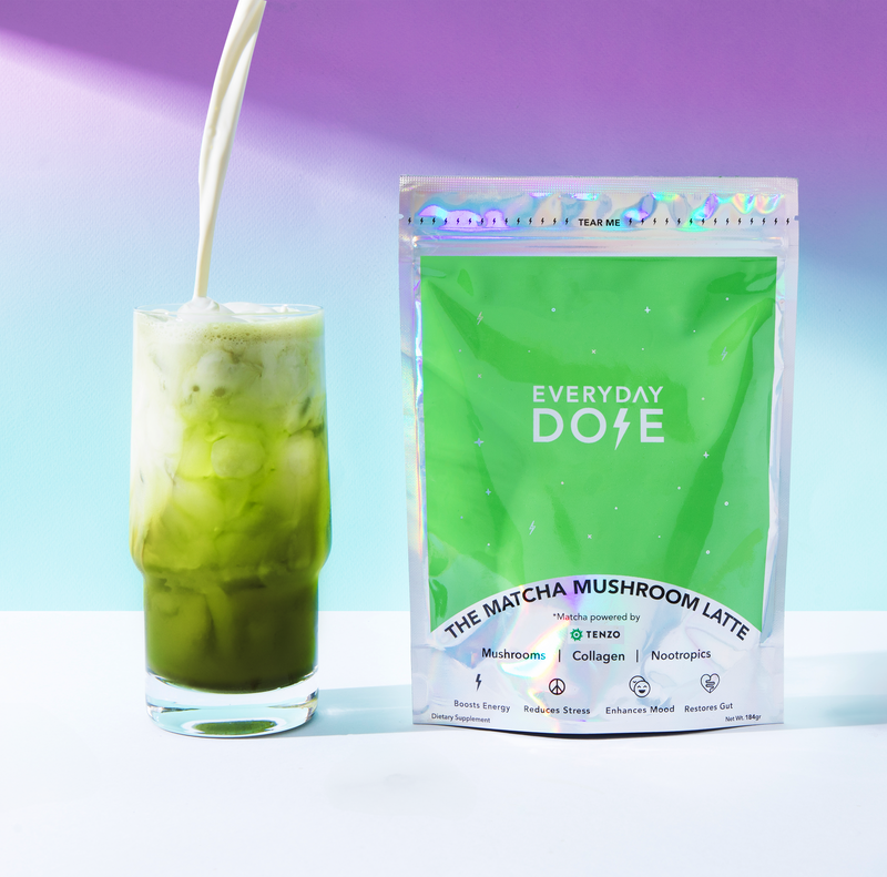 Mushroom Matcha powder pack with free starter kit shown next to a fresh green iced matcha latte drink