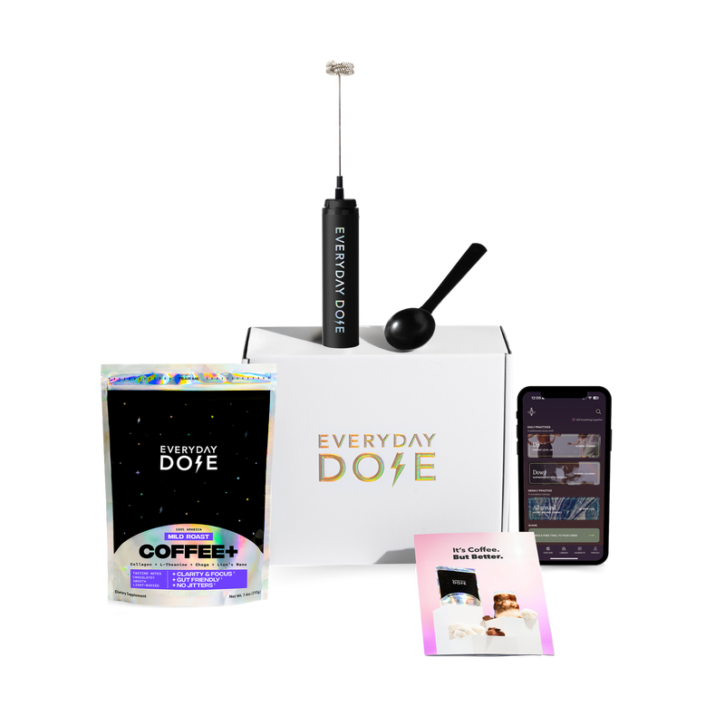 Everyday Dose 30 servings package with Coffee+, frother, scoop, brochure, and app on white background gallery position 1