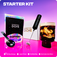 Everyday Dose starter kit for mushroom coffee with Coffee+ bag, scoop spoon, handheld frother, branded box, and iced coffee glass on pink/purple background.