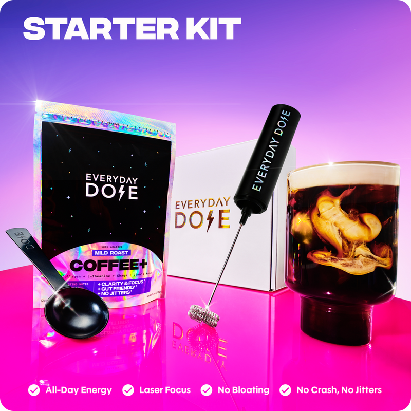 Everyday Dose starter kit for mushroom coffee with Coffee+ bag, scoop spoon, handheld frother, branded box, and iced coffee glass on pink/purple background.