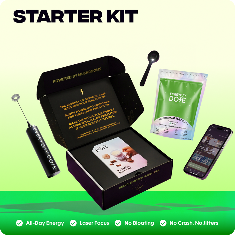 Open black box with mushroom powder pouch, black measuring spoon, black frother, informational card, and smartphone displaying app interface on green background