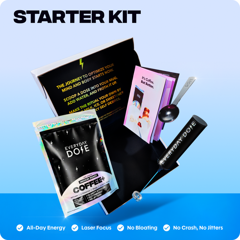 Starter kit with coffee pouch, frother, booklet, and scoop displayed on gradient blue background with energy and focus benefits icons.