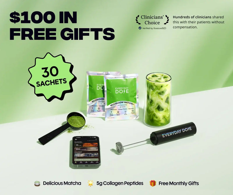 Everyday Dose matcha sachets with whisk and iced matcha drink alongside text promoting 30 sachets collagen peptides and free gifts
