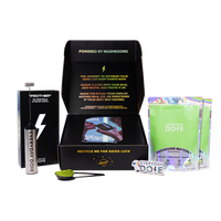 Mushroom Matcha starter kit with 60 servings displayed in black box with frother, measuring spoon and green powder packets