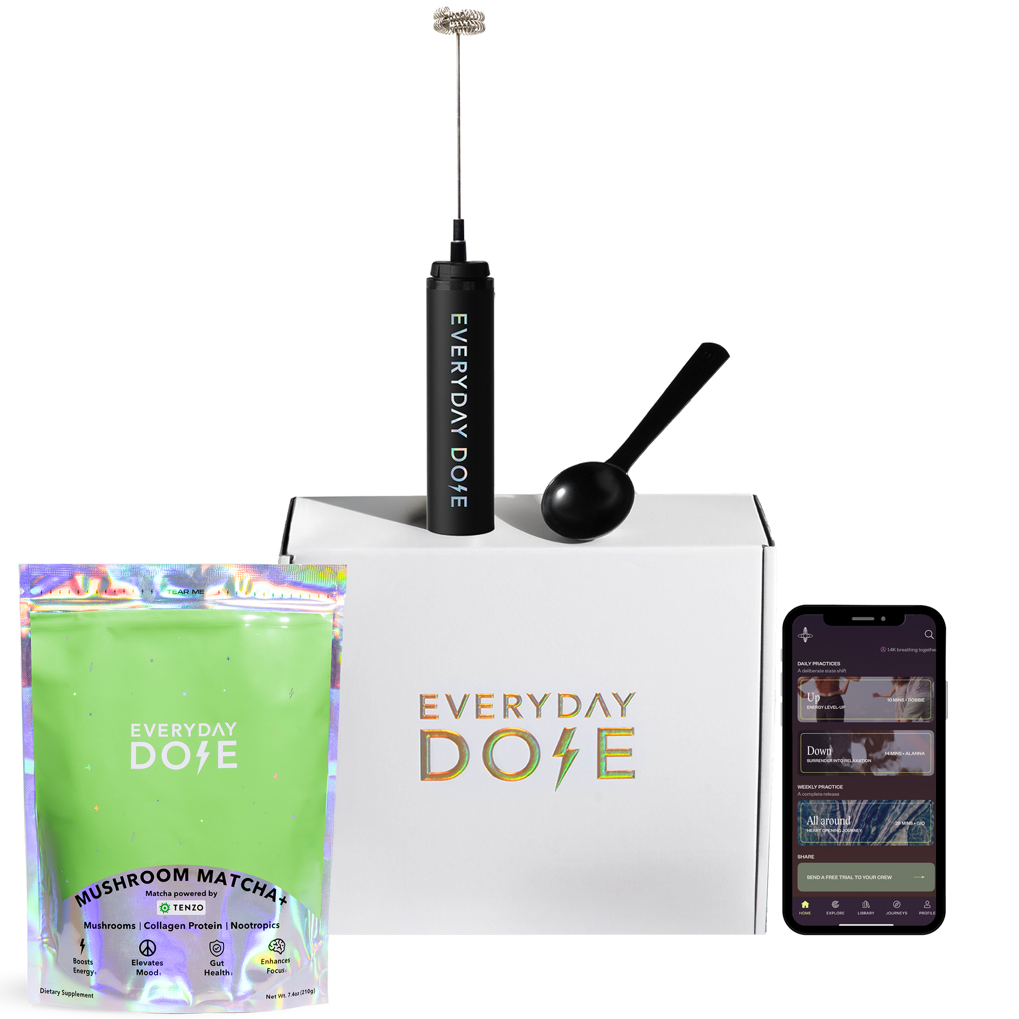 Everyday Dose matcha pouch with frother, scoop, white box, and smartphone displaying app on transparent background