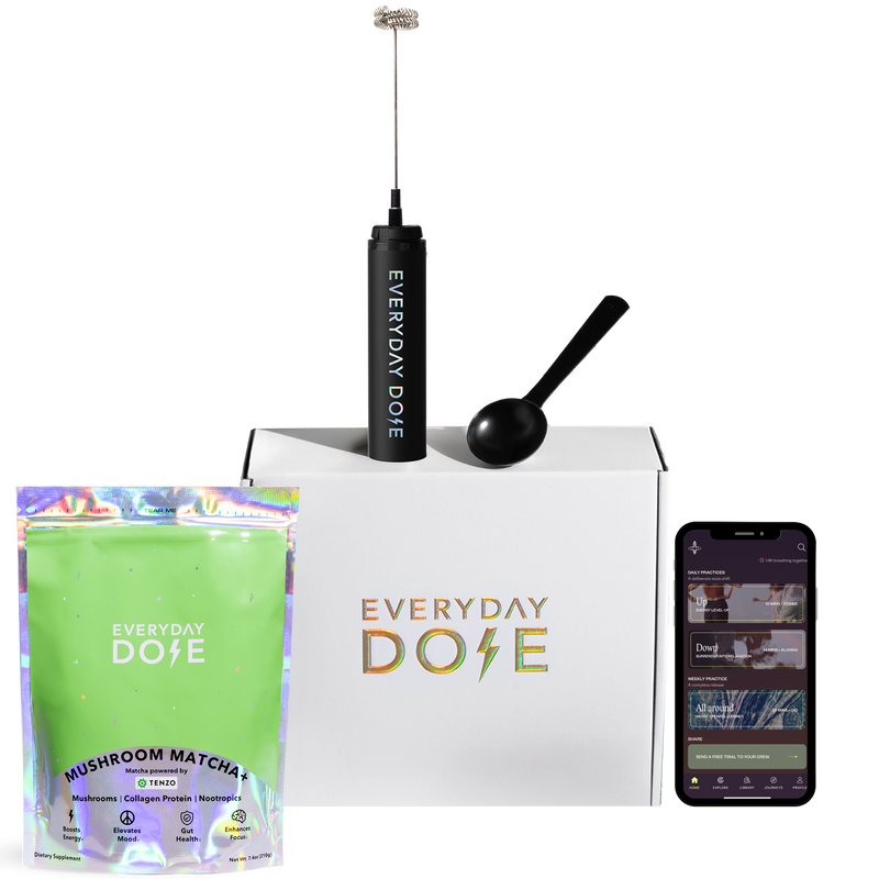 Everyday Dose matcha pouch with frother, scoop, white box, and smartphone displaying app on transparent background