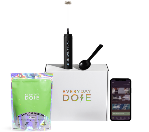 Everyday Dose matcha pouch with frother, scoop, white box, and smartphone displaying app on transparent background
