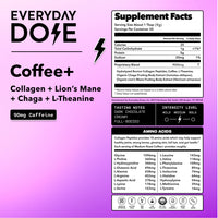 Nutrition facts panel and amino acid profile for collagen and mushroom blend coffee with caffeine on purple gradient background