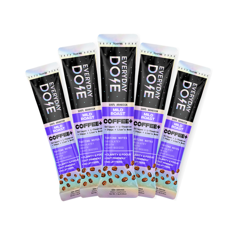 Five packets of Everyday Doye Mild Roast coffee plus collagen with purple and black packaging and coffee beans graphic