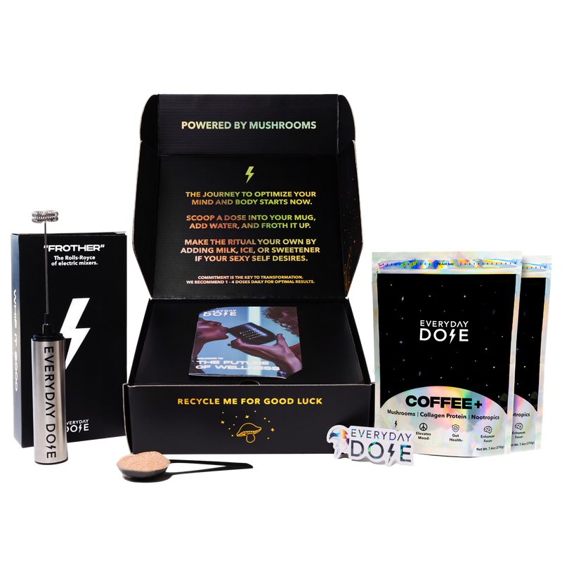 60 Servings of Coffee Starter Kit with mushroom coffee packets, gunmetal dose spoon and USB rechargeable frother in black box