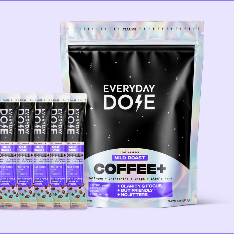 Front view of 30 serving Coffee+ pouch showcasing the Everyday Dose logo with five free stick packs displayed to the left on a light purple background