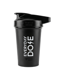 Black protein shaker bottle with a flip-top lid and white vertical text reading Everyday Dose