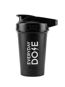 Black protein shaker bottle with a flip-top lid and white vertical text reading Everyday Dose