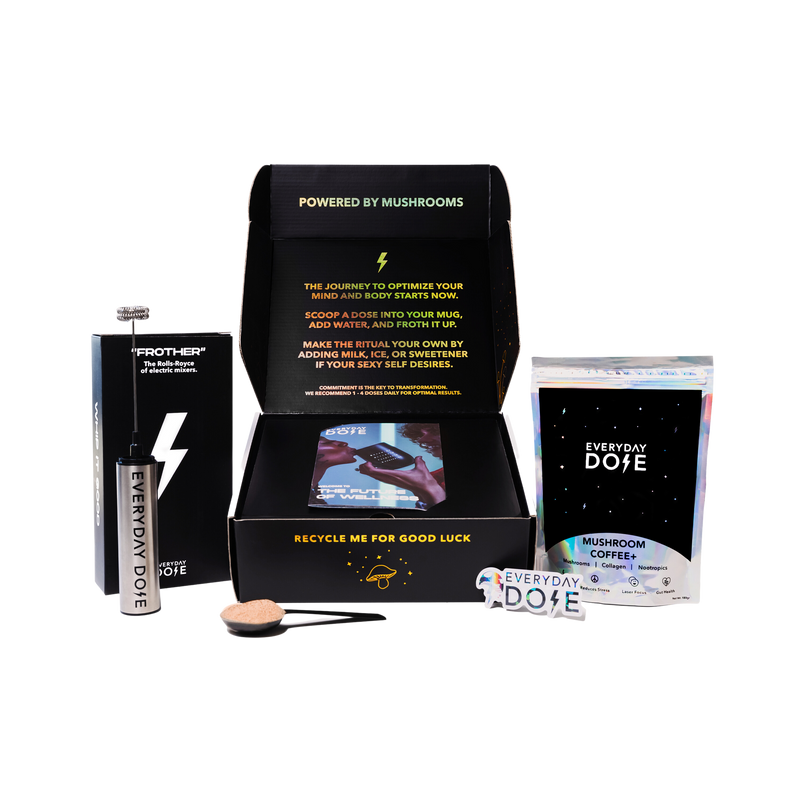 Mushroom Coffee starter kit with 30 servings in black gift box featuring branded products and mixing spoon