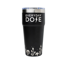 Front view of 16oz Everyday Dose tumbler showing black matte finish, silver lid, logo and mushroom graphics on white background