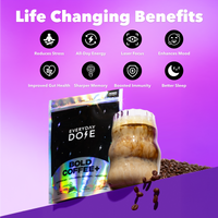 30-Servings Coffee+ Medium Roast package with iced coffee and coffee beans highlighting life-changing benefits.